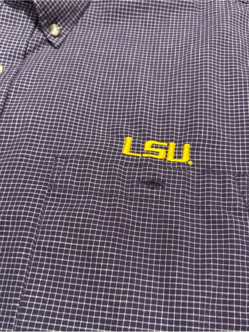 Antigua Purple Check Button-Down with Yellow LSU Embroidery
